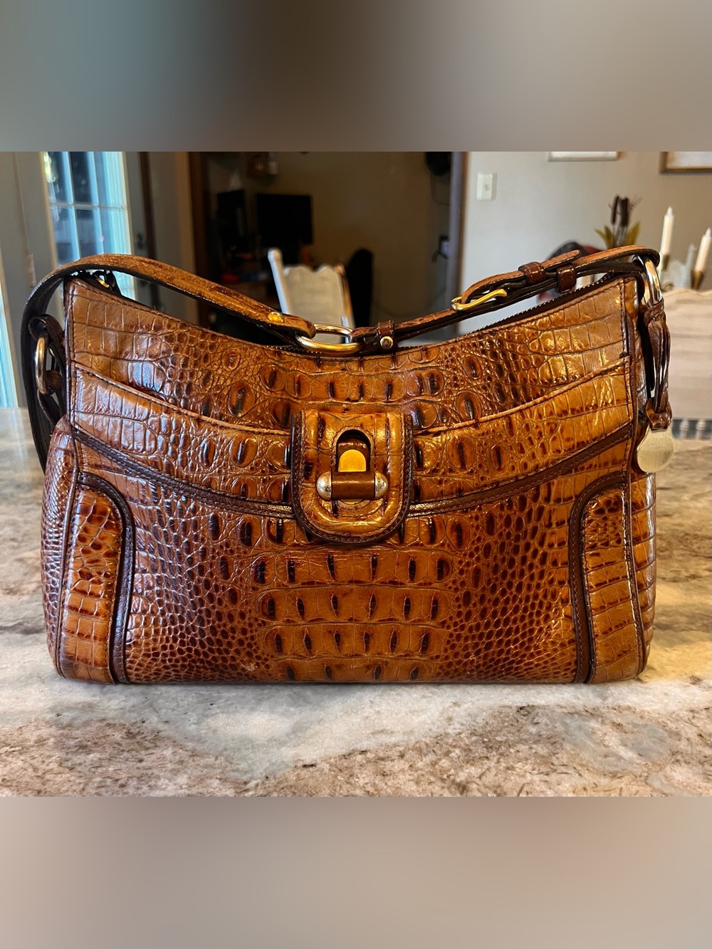 Brahmin Cognac Croc-Embossed Leather Shoulder Bag